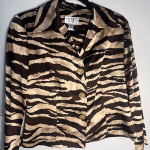 Talbots Brown and Cream Blazer with Animal Print Silk Cotton Blend Career Modern